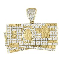 10k Yellow Gold Mens CZ Cubic Zirconia Simulated Diamond 100 Dollar Bill Charm Pendant Necklace Jewelry for Men