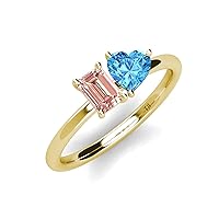 Emerald Shape Morganite & Heart Shape Blue Topaz 1.90 ctw Four Prong Women Toi Et Moi Engagement Ring 14K Gold