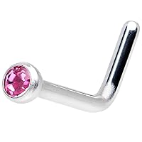 Body Candy Steel Pink Press Fit L Shaped Nose Stud Ring Created with Crystal 18 Gauge 1/4