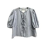 Y2K Babydoll Tops for Women Front Tie Puff Sleeve Peplum Blouses Bandage Lace Up Ruffle Hem Shirts Cute Summer Tops