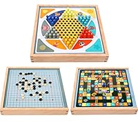 3-in-1 Wooden Board Game Set,Desktop Game with Chinese Checkers,Gobang and Adventure Chess,Family Party Game for Kids Ludo Game Set Gift for All Age