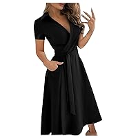 Work Dresses for Women 2024 Wrap V Neck 3/4 Sleeve Dress Casual Midi Dress Semi Formal A Line Dress Summer Modest Dress