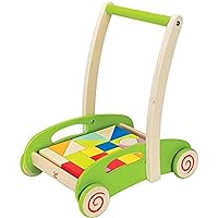 Hape Block and Roll Cart Toddler Wooden Push and Pull Toy Multicolored, L: 13.9, W: 11.1, H: 16.1 inch