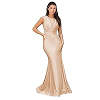 Mermaid Satin Bridesmaid Dresses for Wedding V Neck Prom Dresses Pleated Formal Evening Gowns