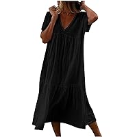 Women's Summer Spring Dresses Casual Loose Short Sleeve V-Neck Mid Dress Solid/Gradient/Floral Print Daily Dress 2024 Fashion Classic Pleated Dresses Lightweight Beach Sundress UK