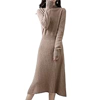 Women 100% Wool Knitted Dresses Autumn Winter O-Neck Female Long Style Jumpers Dresses
