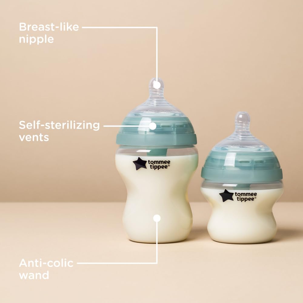 Tommee Tippee Advanced Anti-Colic Grow with Baby Bottle Set, 5oz and 9oz Self-Sterilizing Bottles, 0+ Months, Slow and Medium-Flow Breast-Like Nipples, Bottle Handles