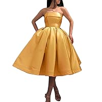 Women's Tea Length Satin A Line Homecoming Dress Sleeveless Short Prom Dress Gold
