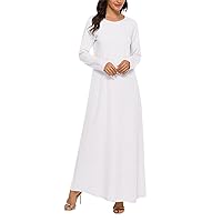 Long Womens Under Dress Dress Dress Sleeve Solid Abaya Muslim Casual Women's Casual Dress Hijab Clothes for (5-White, S)