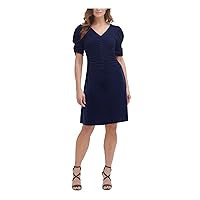 DKNY Womens Ruched Zippered Velvet Textured Pouf Sleeve V Neck Knee Length Party Sheath Dress