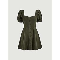 Dresses for Women - Puff Sleeve Button Front Dress (Color : Army Green, Size : X-Small)