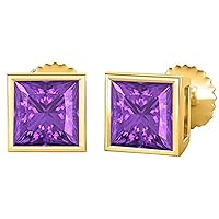 Princess Cut Created Amethyst 14K Yellow Gold Plated 925 Sterling Silver Fashion Four Bezel Setting Stud Earrings Great Gift for Any Occasion For Womens Girls (4MM To 10 MM)