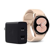 SAMSUNG Galaxy Watch 4 + 35W Duo Wall Charger Bundle, 40mm Bluetooth Smartwatch w/Body, Health, Fitness, Sleep Tracker, Pink Gold Band and Dual Port USB C Adapter, Super Fast Charging Block, Black
