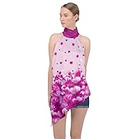 PattyCandy Womens Garden Flowers Floral Party Beach Halter Casual Tee Shirts Tank Asymmetric Satin Tops