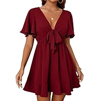 Women's Dress Dresses for Women Butterfly Sleeve Plunging Neck Knot Front Ruffle Hem Dress (Color : Burgundy, Size : Large)