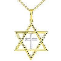 14k Yellow Gold Large Jewish Star of David with Religious Cross Judeo Christian Pendant Necklace