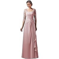 Mother of The Bride Dresses for Wedding with Lace Appliques 3/4 Sleeves Long Chiffon Formal Evening Gown