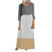 Women's Cotton Linen Dresses Color Block 3/4 Sleeve T-Shirt Dress Summer Casual Loose Maxi Dress Plus Size Beach Dress