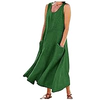 Women's Dresses 2023 Fashion Casual Solid Colour Sleeveless Cotton Linen Pocket Dress Petite Dresses