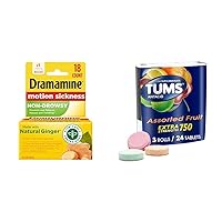 Dramamine Motion Sickness Relief 18 Count and TUMS Antacid Chewable Tablets Heartburn Relief 3 Rolls 24 Count
