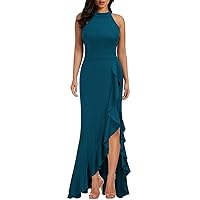 Long Formal Cocktail Dresses for Women Wedding Guest Sexy Halter Ruffle Mermaid Evening Party Club Night Dress