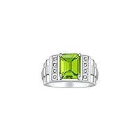 Rylos Men's Rings 14K White Gold Designer Style 10X8MM Emerald Cut Shape Gemstone & Sparkling Diamonds - Color Stone Birthstone Rings for Men, Sizes 8-13. Elegant Mens Jewelry