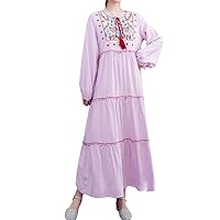 HAN HONG Embroidered O Neck Long Dresses for Women Ethnic Lace Up Puff Sleeve Maxi Dress Female Casual Beach Vestido