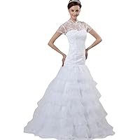 White Lace Bodice Organza Tiered Skirt Wedding Dress With Short Sleeve