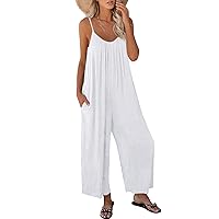 AUTOMET Jumpsuits for Women Loose Casual Sleeveless Adjustable Spaghetti Strap Stretchy Wide Leg Rompers with Pockets