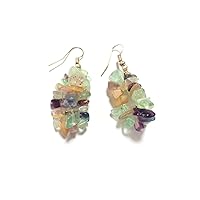 Multi Flourite Chips Earrings Dangle Earrings Balancing Positive Energy Harmony Luck Natural Genuine