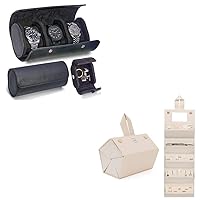 BOSHKU Leather Watch Roll Travel Case (3-Compartment) + Travel Jewelry Organizer Jewelry Box (Beige)
