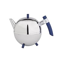 Meteor Double Walled Teapot, 1.4-Liter, Stainless Steel Glossy Finish with Blue Accents