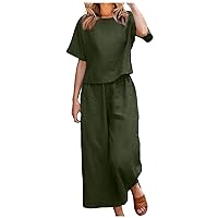 Women's Summer Casual Outfits Cotton Linen Short Sleeve Crew Neck Blouse Loose Wide Leg Palazzo Pants Solid Going Out Set