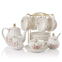 Porcelain Tea Sets British Royal Series, 8 OZ Cups & Saucer Service for 6, with Teapot Sugar Bowl Cream Pitcher Teaspoons and Tea Strainer, Suitable for High Tea, Wedding, Party（Rose Flower）