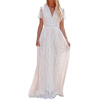Summer Women Maxi Dress Loose Embroidery White Lace Long Tunic Beach Dress Vacation Holiday Women Clothing