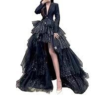 WDPL High Low Prom Dresses Blazer V Neck Long Sleeves Tiered Tulle Formal Wear Black Women Suits