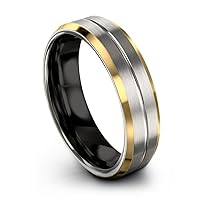 Tungsten Wedding Band Ring 8mm for Men Women Bevel Edge Grey 18K Yellow Gold Black Center Line Brushed Polished