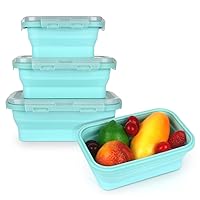 Keweis Silicone Lunch Box Bento Box, Collapsible Folding Food Storage Container with Lids, Kitchen Microwave Freezer and Dishwasher Safe, Set of 3, (Blue)