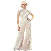 Country Jumpsuits 2020 Wedding Dresses High Neck Short Sleeve Lace Appliqued Beach Boho Bridal Gowns