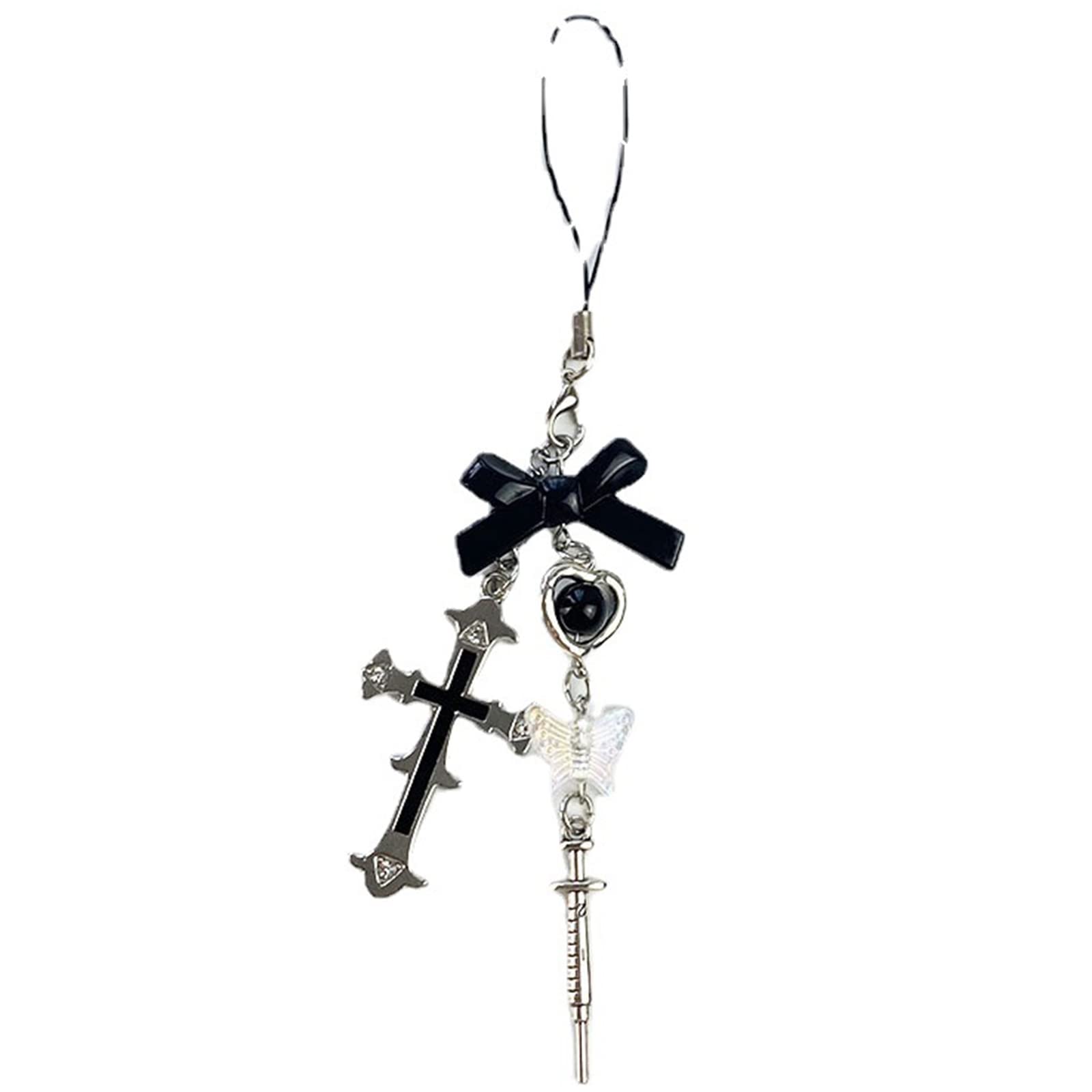 hejhncii Phone Charm Strap Keychain Kawaii-Cute Keychain Lanyard String Black Cross-Bow Beaded Chain Lanyard Y2K