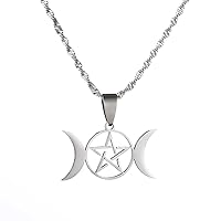 Pentagram Triple Moon Goddess Pendant Chain for Women Men Stainless Steel Crescent Star Wicca Jewelry