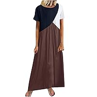 Plus Size Womens Color Block Draped T Shirt Dresses Summer Short Sleeve Round Neck Fashion Casual Maxi A-Line Dress