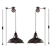 Plug in Pendant Light Industrial Pulley Pendant Lamp E26 Vintage Hanging Light Fixture With 16.4ft Cord On/Off Switch For Pool Table,Houseplant Grow lights,Kitchen Island,Sink 2 Pack Aged Bronze