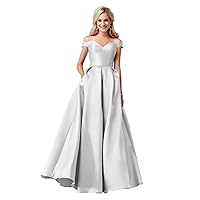 A-line Pleated Satin Prom Dresses Off The Shoulder for Women, Sweetheart Evening Dresses Sleeveless Formal Dress
