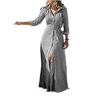 Women' Casual Cotton Linen Striped Dress Spring Autumn Long Sleeve Elegant Femme Sundress