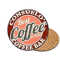 CONSUELO’S Best Coffee in Town Coffee Bar 6 of Set Custom Personalized Coasters Rustic Shabby Vintage Style Retro Kitchen Bar Pub Coffee Shop Housewarming Gift Wedding Gift Ideas