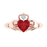 Clara Pucci 1.52ct Heart Cut Irish Celtic Claddagh Solitaire Simulated Red Ruby designer Modern Statement Ring Solid 14k Rose Gold