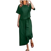 Women's Two Piece Outfits Pullover Short Sleeve Shirt Tops and Wide Leg Capri Pants Loose Lounge Set Summer Solid Sets
