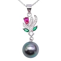 AAA 10mm Peacock Green Tahitian Pearl Necklace 925 Sterling Silver Floral Pendant Necklace