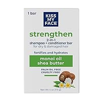 Kiss My Face Strengthen 2-in-1 Shampoo + Conditioner Bar - Palm Oil-Free, All Hair & Skin Types, Cruelty-Free Shampoo and Conditioner Bar for Dry & Damaged Hair with Monoi Oil and Shea Butter
